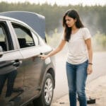 lady standing on the rode side of a car